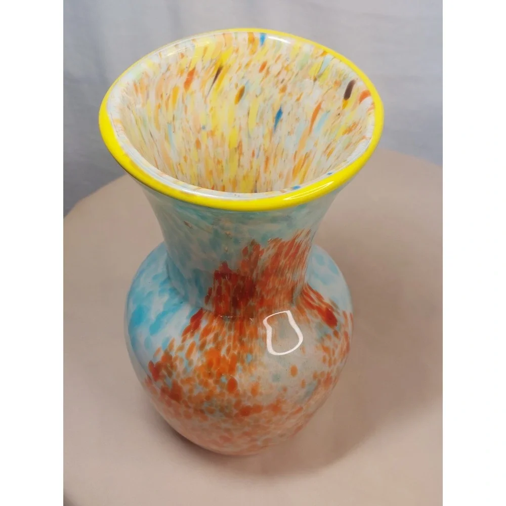 Hand Blown Studio Art Glass Vase Confetti Interior Turquoise Yellow Rim Modern